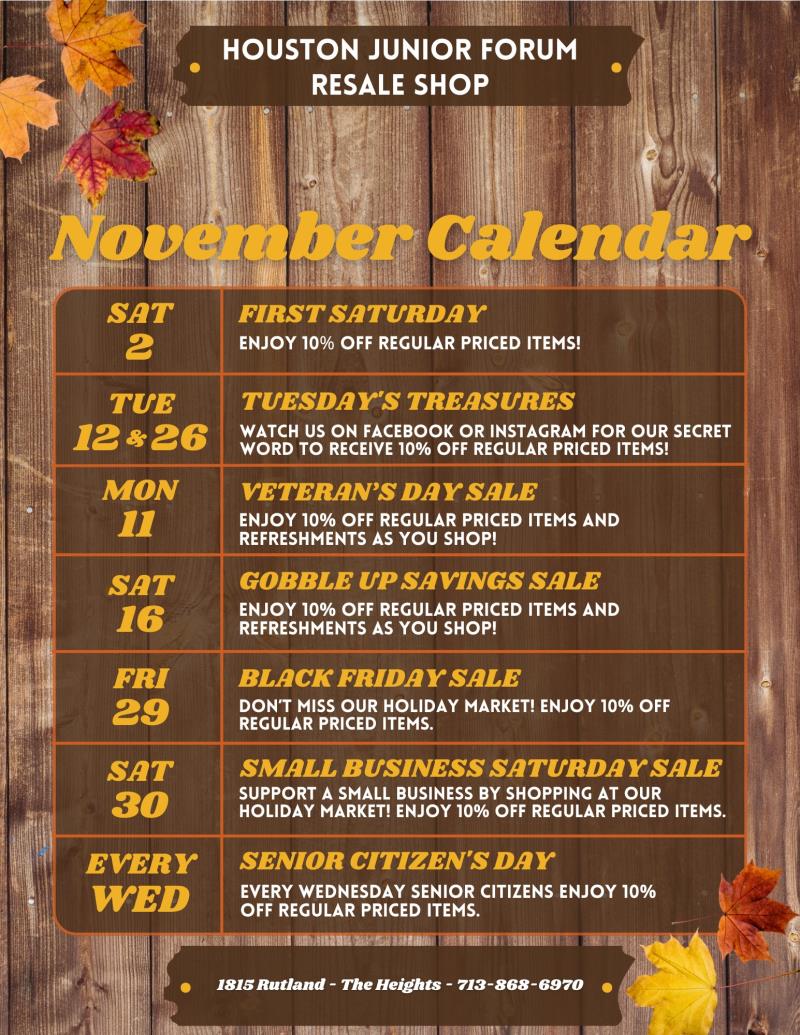 Houston Junior Forum Resale Shop - NOVEMBER CALENDAR